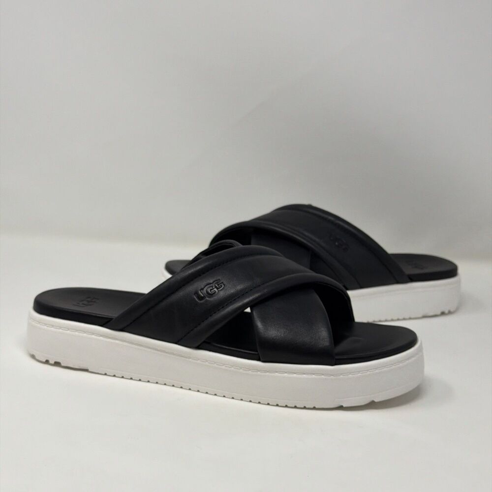 UGG Womens Black Platform Slide Sandals Size 10 Leather Criss Cross Store Model